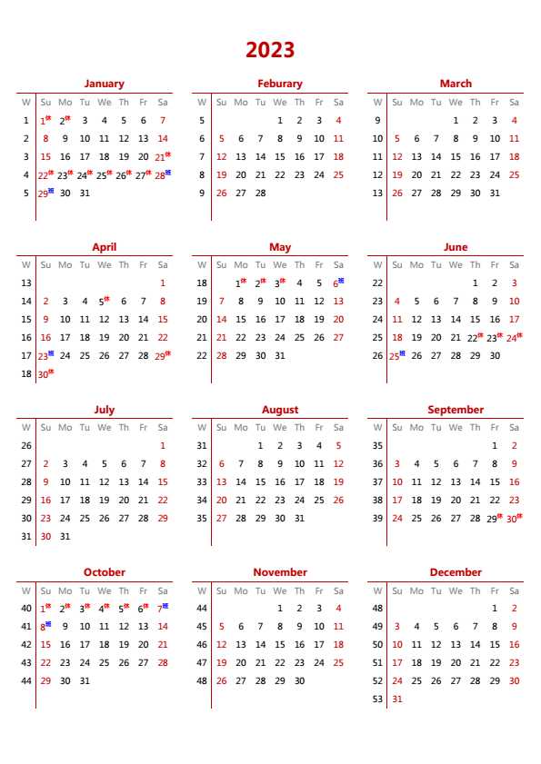 2023年日历 带节假日调休 A4纵向 英文版 无农历 带周数 周日开始